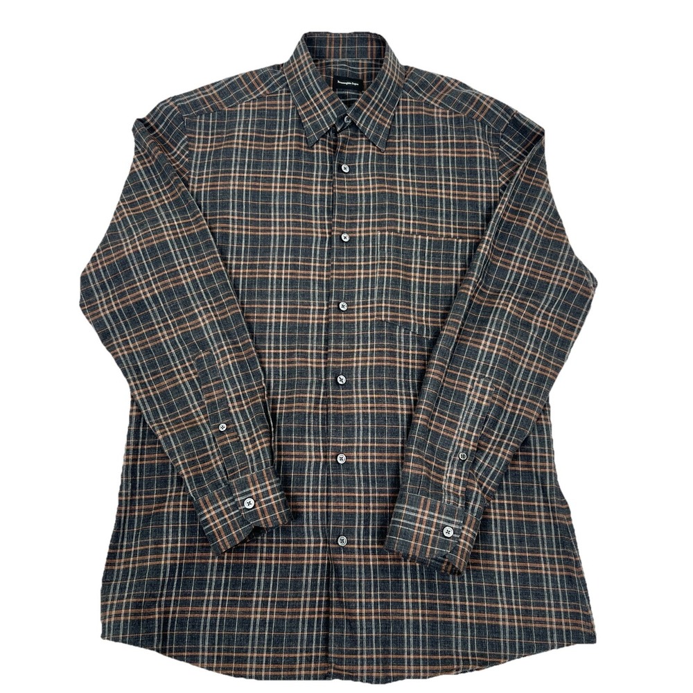 Ermenegildo Zegna Button Up Men's M Brown Orange Plaid Check 100% Cotton Shirt